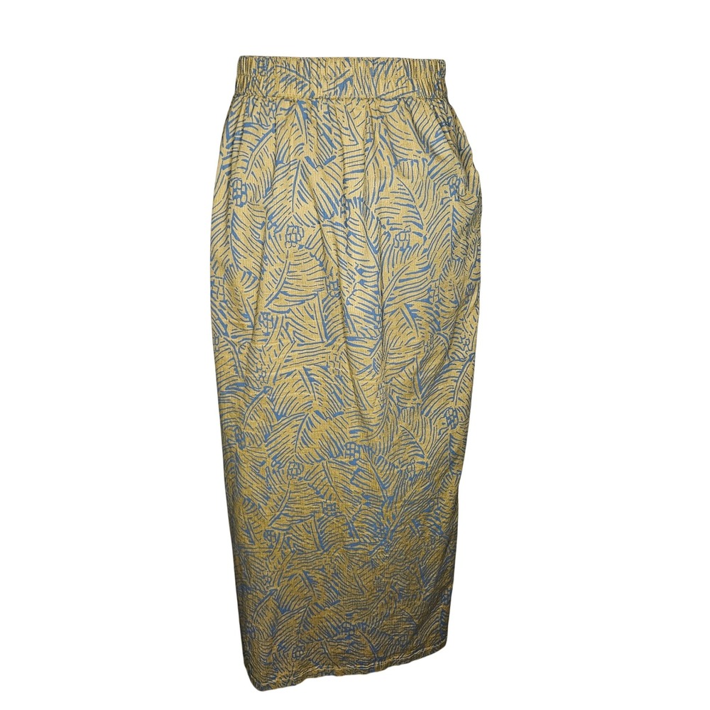 PrAna Organic Cotton Wrap Tulip Skirt Blue Tropical Leaf Mustard Boho Summer L - Picture 6 of 9